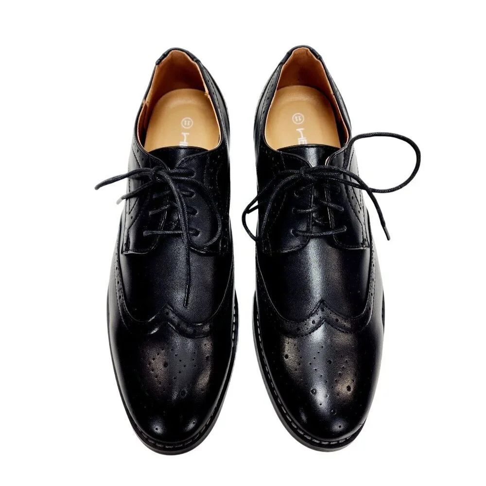 Mens Heez Black Leather Brogue Dress Shoes Size 11 New - Picture 2 of 14